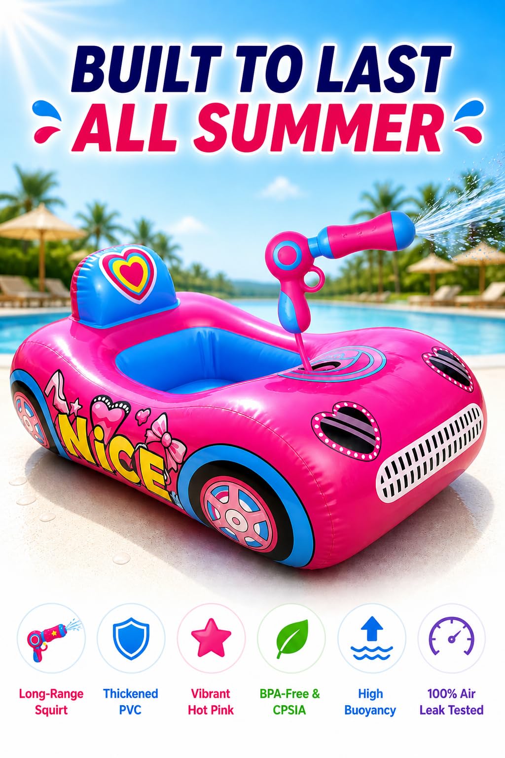 Kids Pool Float with Water Gun, 3-Layer Safety Seat Inflatable Toddler Float for Girls Ages 3-8, Pink Summer Swimming Pool Toys for Kids, Pool Party Beach Vacation Water Toy. Repair Patches Included