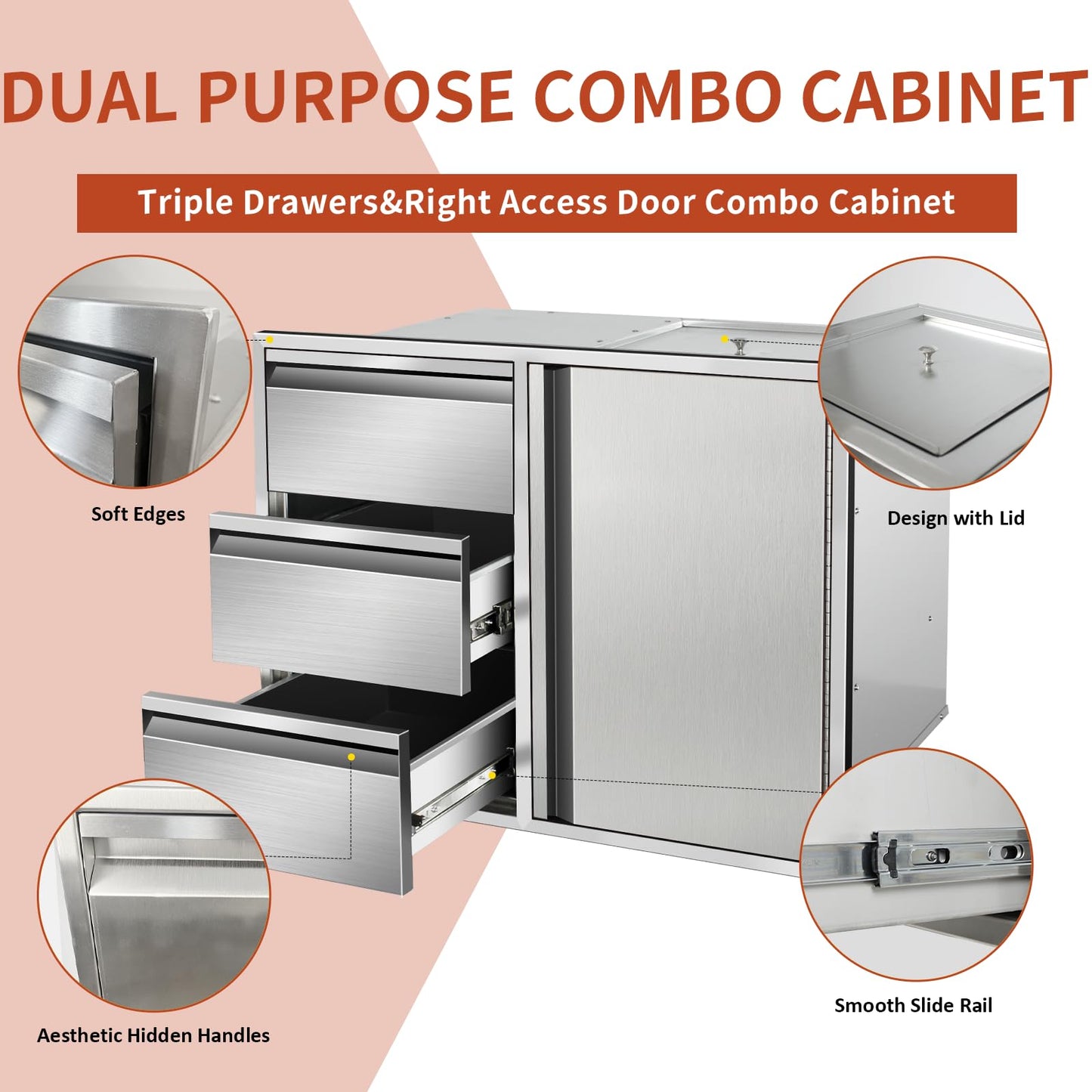 RUXVONB 28" W x 22" H x 19.5" D Stainless Steel Outdoor Kitchen Door Drawer Combo Cabinet, Built-in Triple Drawers and Right Access Door with Shelves for BBQ Island and Patio Grill Station