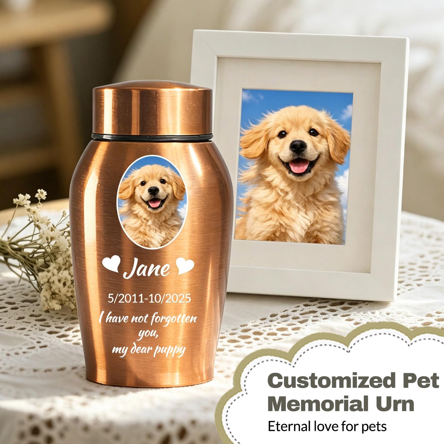 KDY Personalized Pet Urns for Ashes - Custom Pet Photo Name Date for Cremation, Customized Pet Memorial Urn for Dog Cat (Grey)