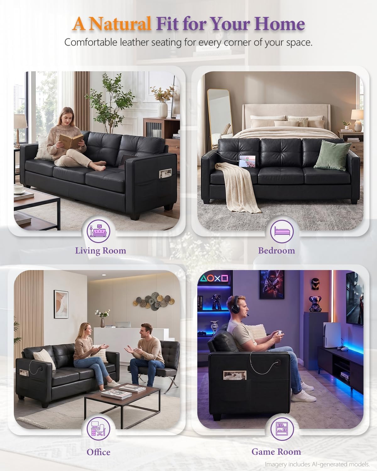 Black Faux Leather Sectional Couch, 3-Piece Sofa Set for Living Room