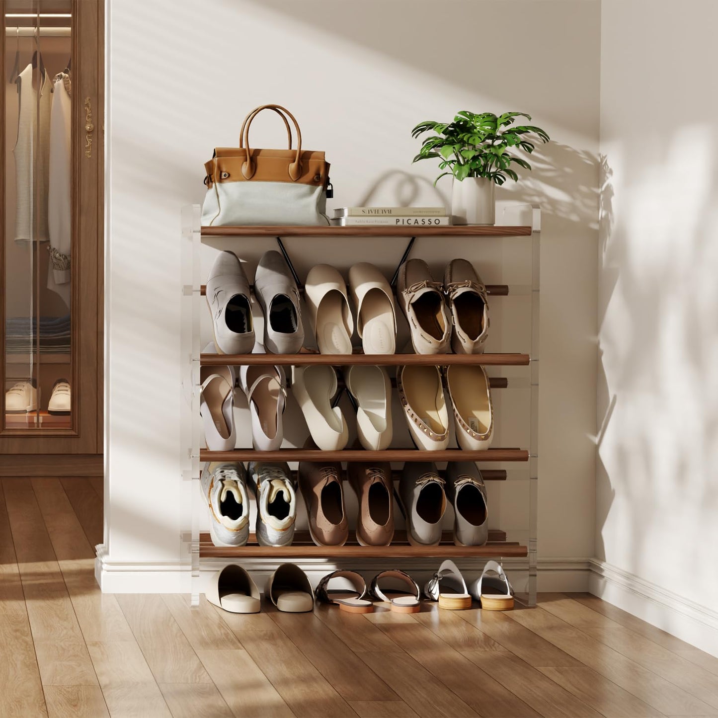YQJJGL Shoe Rack, 4-Tier Slanted Shoe Shelf with Wooden Top Panel, Solid Wood and Acrylic Shoe Organizer Rack, Shoe Storage Rack Ideal for Entryway, Bedroom, Closet and Living Room (Walnut 29" W)
