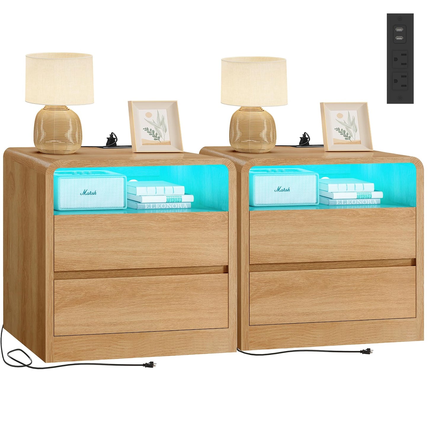 TEENFON Nightstands Set of 2 with Charging Station & LED Lights, Curved Corner Bedside Table 21.7" W, 2 Drawers & Open Shelf, USB-C & USB Ports, Natural, Storage End Table for Bedroom/Living Room