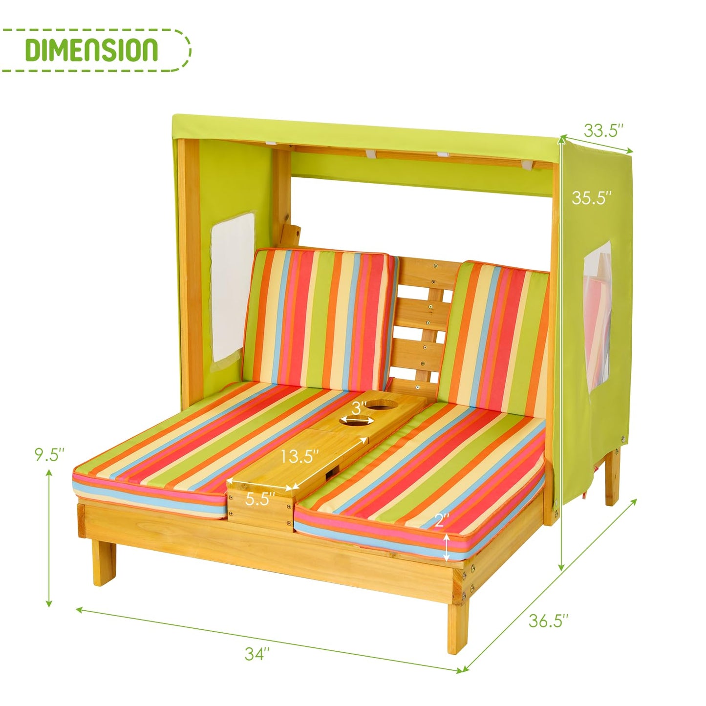 Costzon Kids Lounge Chair Outdoor, Wood Double Seat Chaise Lounge with Canopy, Cup Holders, Cushion, Backrest Recliner, Kids Patio Furniture, Gift for Boys Girls 3-8 Years Old