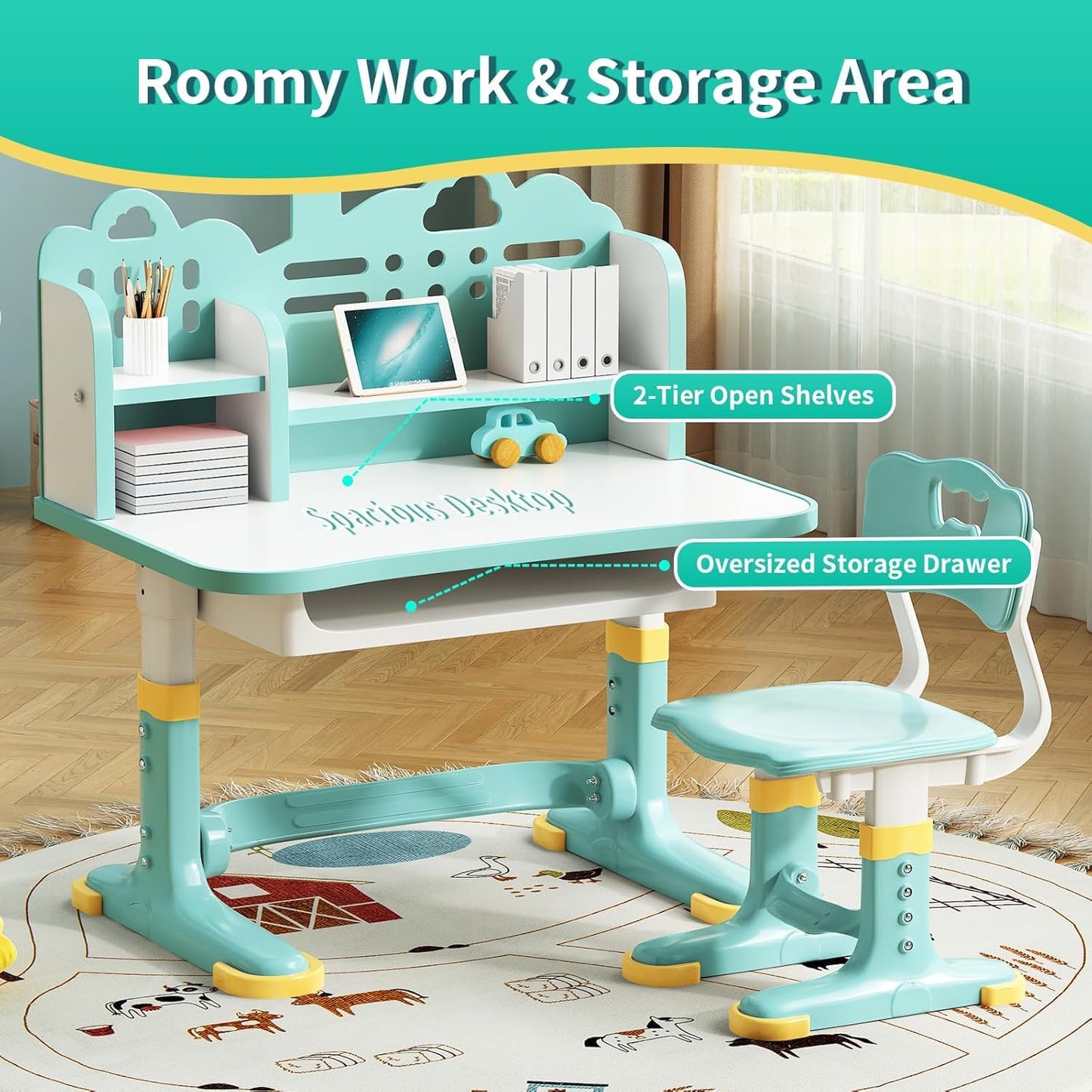 Kids Study Desk and Chair Set - Height Adjustable Study Writing Table with Bookstand and Storage Drawer, Child School Study Writing Table Ergonomic Widened Desktop Art Desk for Boy & Girl (Cyan)