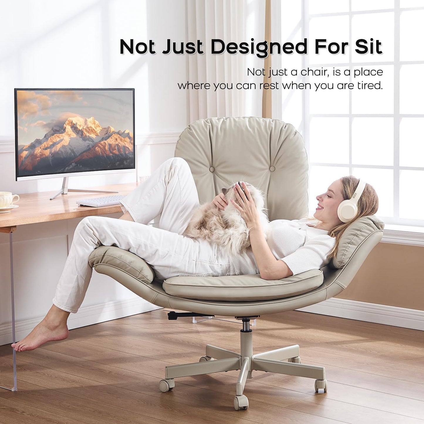 amseatec Criss Cross Chair with 5-Level Armrests — Self-Weight Recline with 90°/135° Lock, 400LBS Big and Tall Executive Office Chair, PU Leather Swivel Computer Desk Chair for Home Office (Cream)