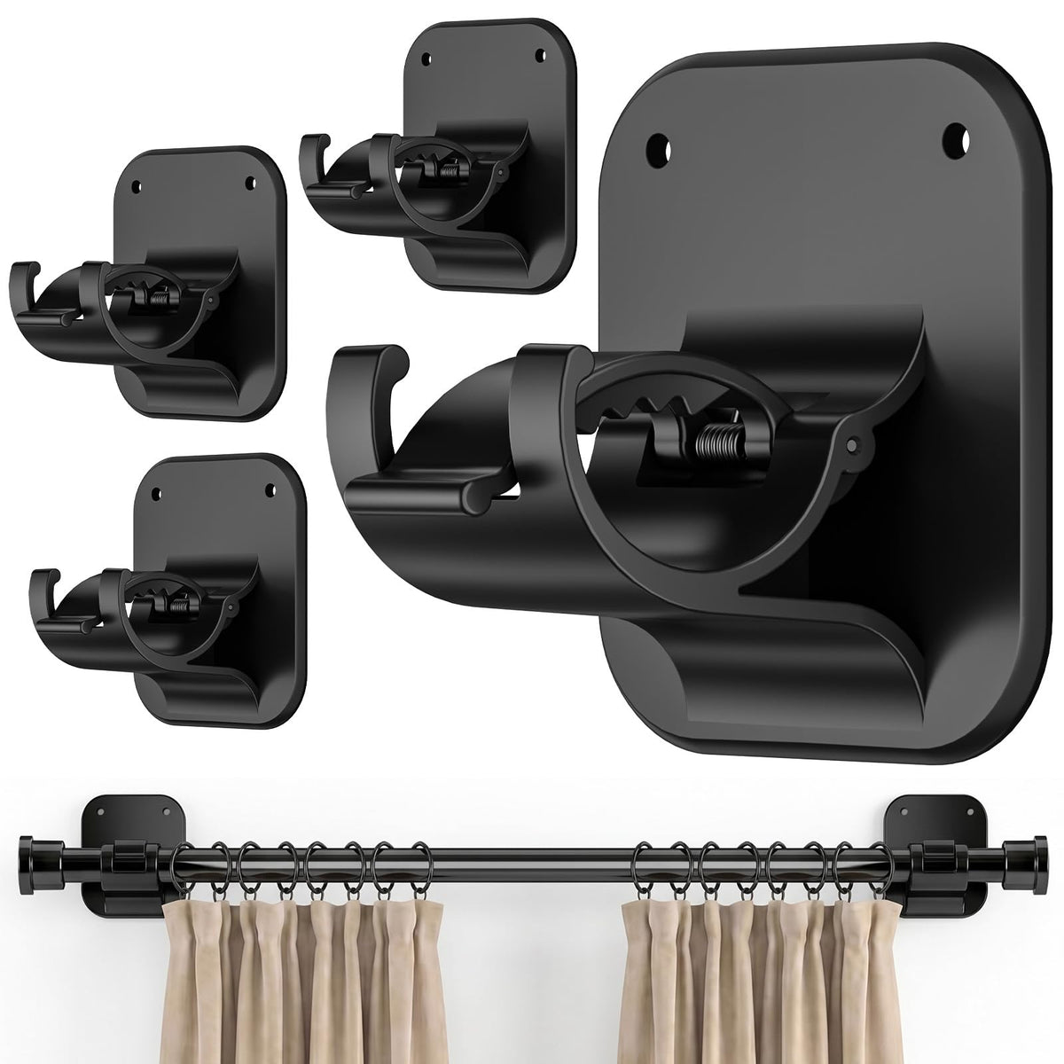 JHCJHC No Drill Curtain Rod Brackets-20LB,4 Pcs Adhesive Curtain Rod Holder