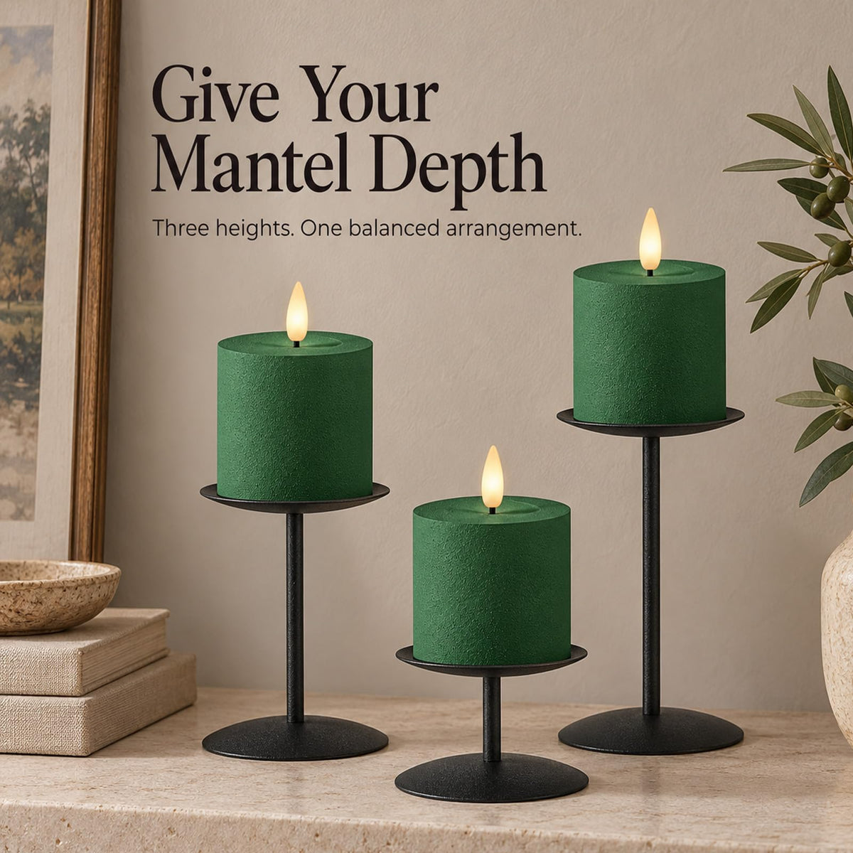 Smtyle Halloween Black Pillar Candle Holders Reversible Set of 3
