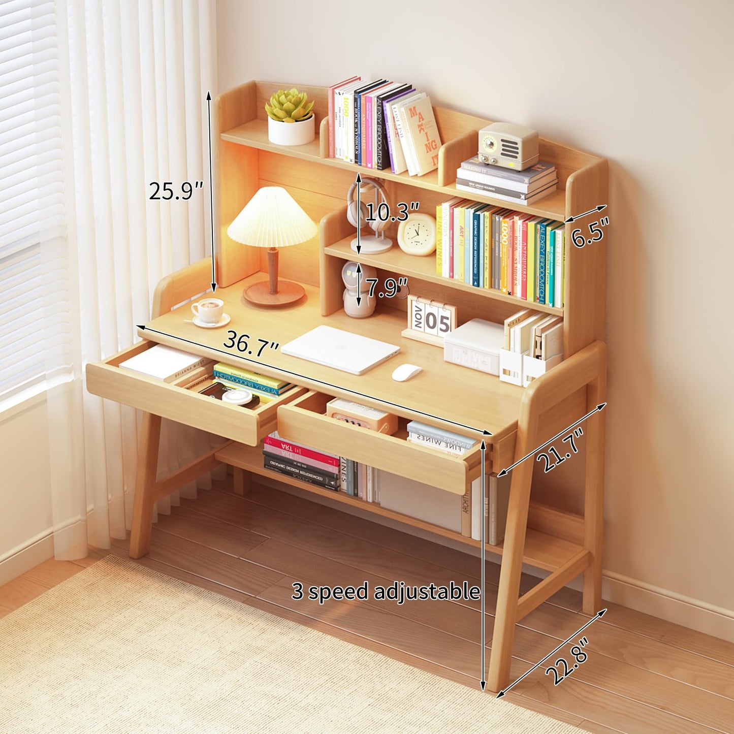 BHDJSE Kids Desk Wooden Childrens Study Desk with Bookshelf＆Two Drawers, Adjustable Kids Desk for Study＆Writing＆Computer＆Workstation, Nature