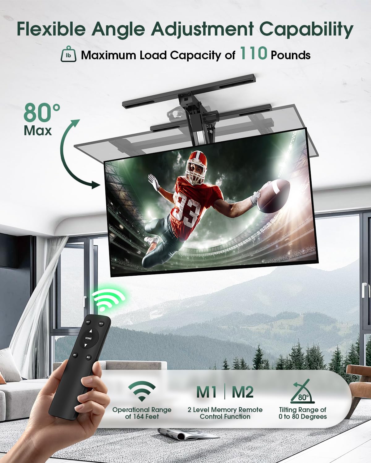 Zontera Electric Ceiling TV Mount with Remote, Motorized Tv Mount Flip Down for 32-70 inch Flat and Curved Screen TVs up to 110 lbs, Fits Flat & Pitched Ceilings, Max VESA 600x400, Black