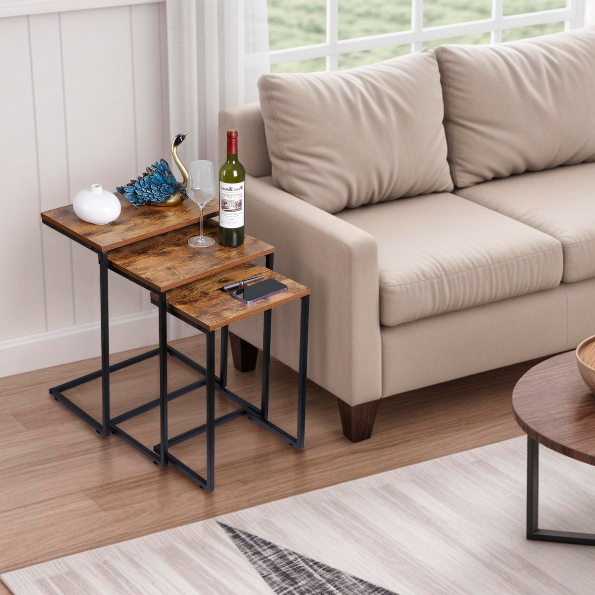 SUPER DEAL Nesting Tables Set of 3, Industrial C Shaped End Table Stackable Coffee Table Heavy Duty Metal Frame for Small Space, Living Room, Bedroom, Side Table Tray for Laptop Snack, Rustic Brown