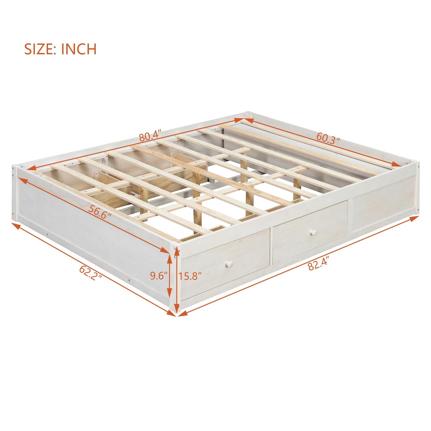 Merax Platform Bed Frame with 4 Storage Drawers and Hydraulic Lift Footboard Storage, No Headboard, Modern Space-Saving Design- Queen Size, Antique White