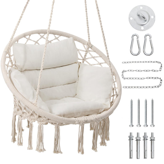 KROFEM Hammock Chair Swing Chair with Boho Medium Cushion, Macrame Hanging Chair for Bedroom, Indoor, Outdoor, Balcony, Porch, Beige