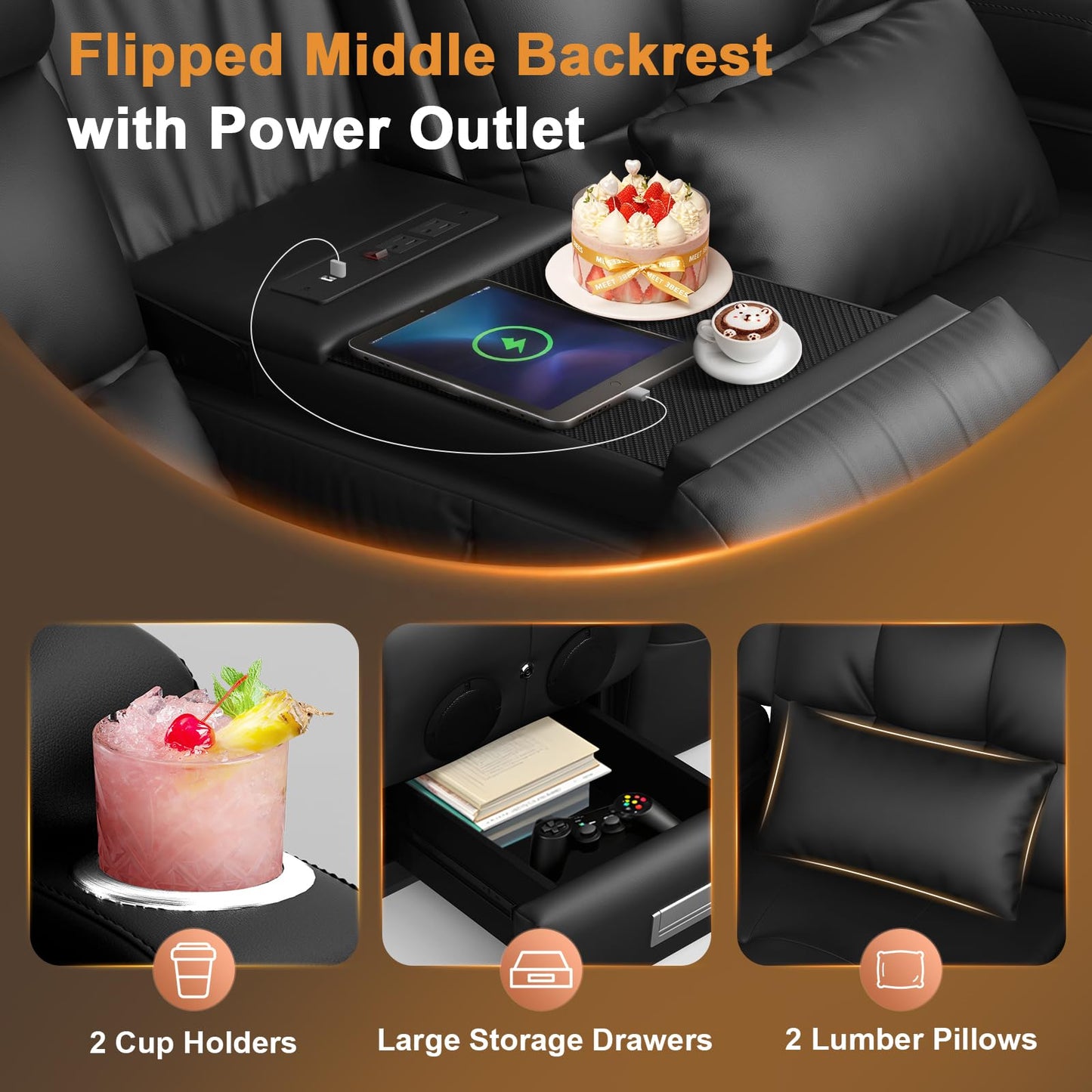 Home Theater Seating, Power Loveseat Recliner Sofa with Massage & Heat