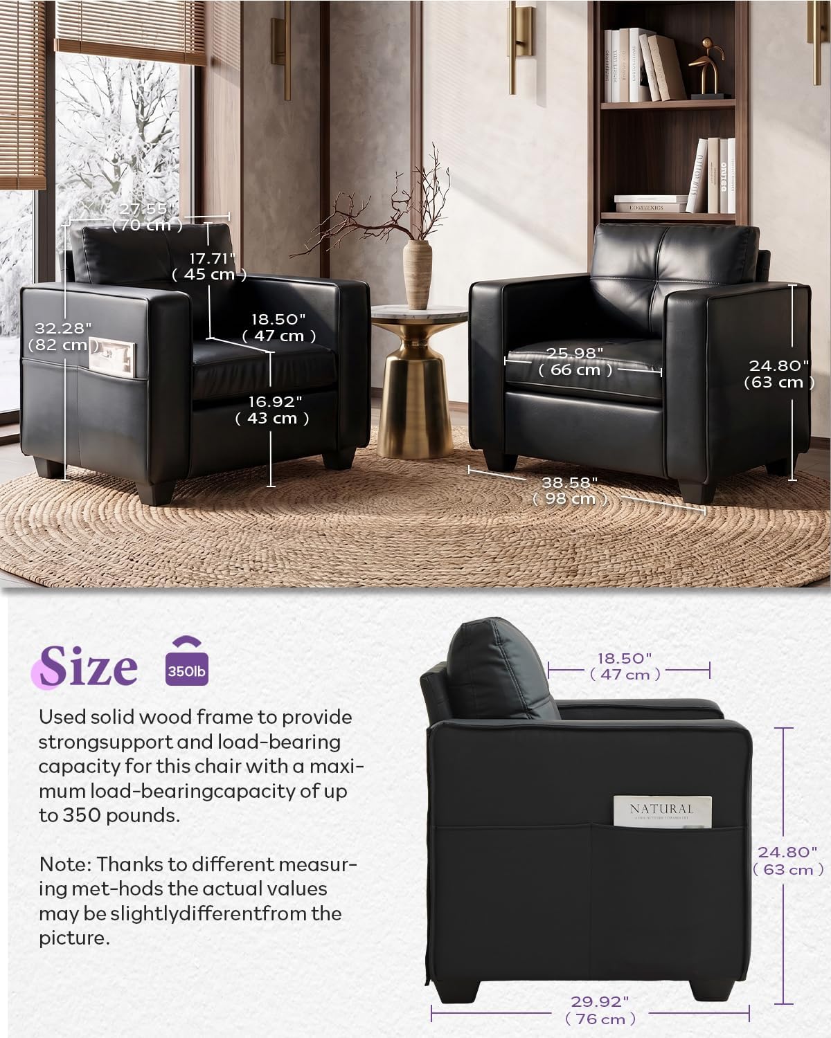Black Faux Leather Sectional Couch, 3-Piece Sofa Set for Living Room
