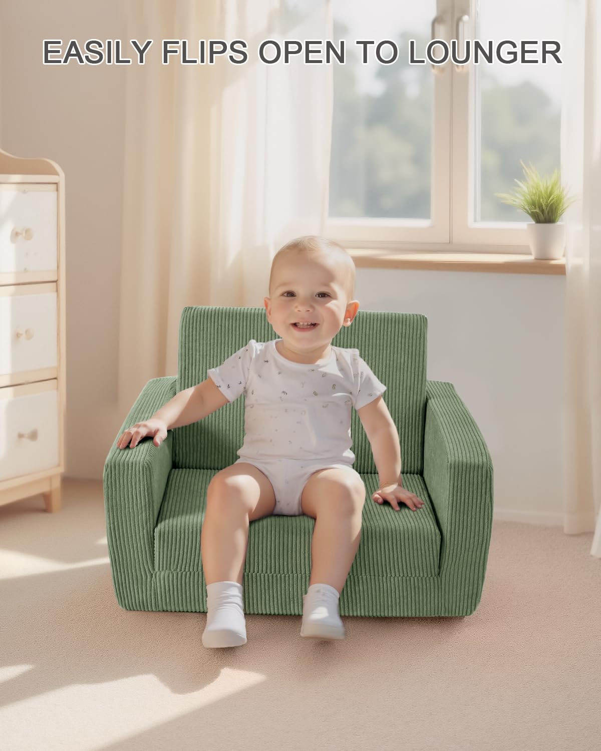 Jouha Toddle & Kids Chair,2-in-1 Soft Toddler Couches that Fold Out,Toddler Chairs Comfy 1-3 Years Old,Convertible Sofa to Lounge,Green