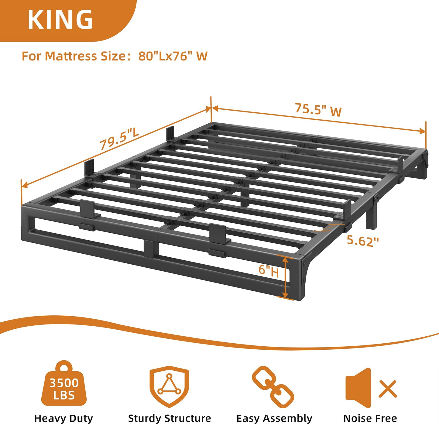 Cresyfu King Size Bed Frame, 6 Inch Metal Platform Bed Frames with Squeak Free U-Slot Design, 6 Non-Slip Guards, 3500lbs Heavy Duty Steel Slat Support, No Box Spring Needed, Under Bed Storage, Black