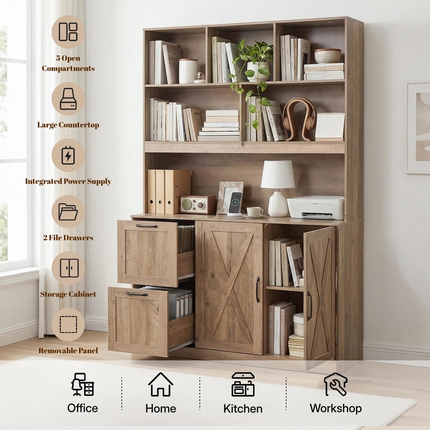 NORTHSKY 72'' Tall Bookshelf with Power Outlet, 2 Drawer File Cabinet for A4 Hanging Files, 3-Tier Open Shelves & Closed Storage Cabinets, Multifunctional Printer Stand - Light Brown