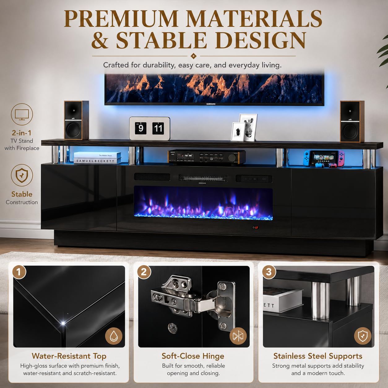 OneBlis 70" TV Stand for Living Room, Modern Entertainment Center & Media Console, Fits TVs up to 80", Storage Cabinet with Shelves, 36" Electric Fireplace with LED Flame (All Black)
