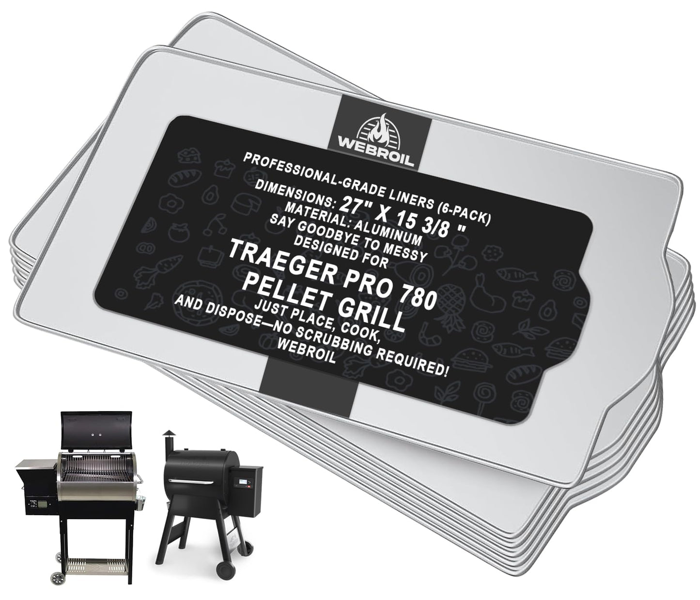 WEBROIL 6 Packs BAC520 Drip Tray Liners for Traeger Pro 780 Pellet Smoker Grill, Heat-Resistant Foil Liners for Traeger Pro 780 Grill Accessories, Aluminum Tray for Catching Grease 26" x 16"
