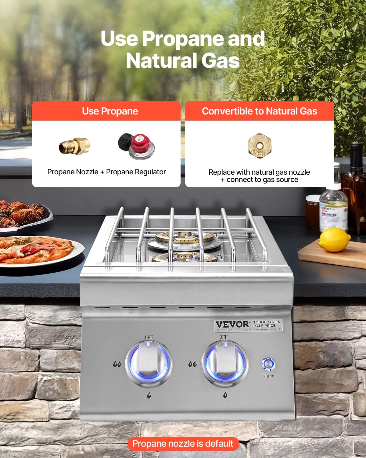 VEVOR Double Grilling Side Burners, 2 x 17,000BTU Liquid Propane Side Burner for Outdoor Kitchen, Convertible to Natural Gas, 304 Stainless Steel Built-in Double Burners with LED for BBQ Grill Island
