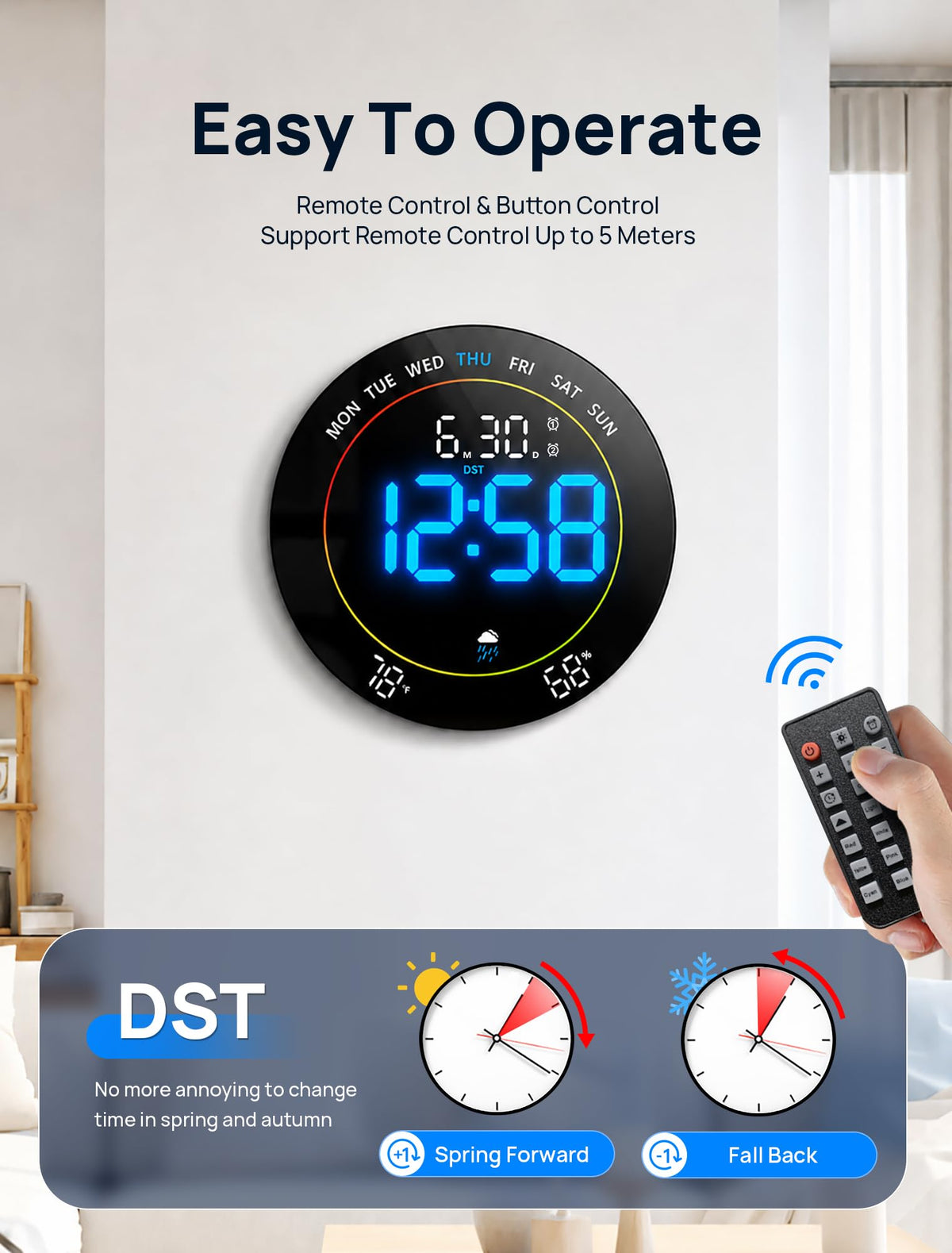 MASHI 10"Easy-Read Large Digital Wall Clock,11-Color Night Light,Auto-DST
