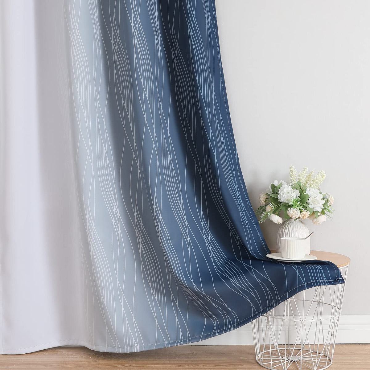 Navy Blue and Greyish White Blackout Curtains for Living Room 84 Inch Long