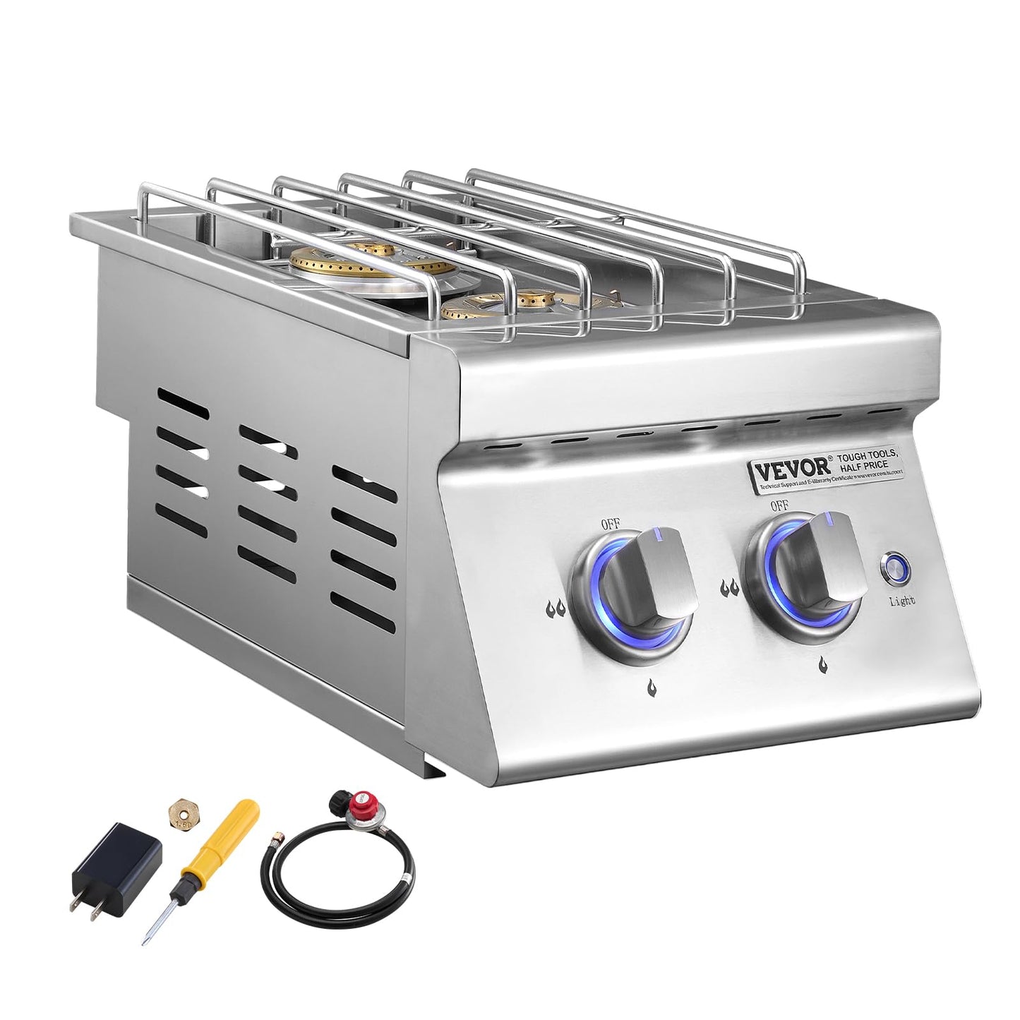 VEVOR Double Grilling Side Burners, 2 x 17,000BTU Liquid Propane Side Burner for Outdoor Kitchen, Convertible to Natural Gas, 304 Stainless Steel Built-in Double Burners with LED for BBQ Grill Island