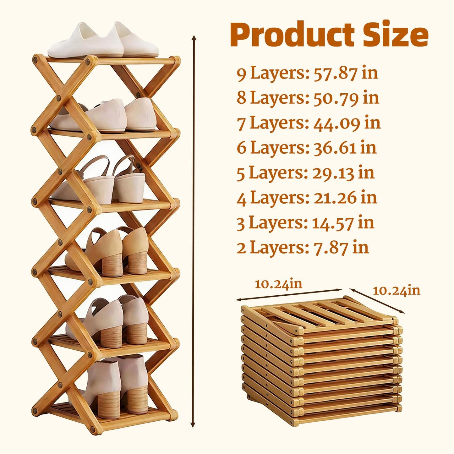 9 Tier Bamboo Shoe Rack, Heavy Duty Foldable Shelf Needing No Setup | Versatile Space-Saving & Sturdy Collapsible Bamboo Shoe Rack Organizer for Closet, Entryway, Over-Door, Dorm or Bedroom Use