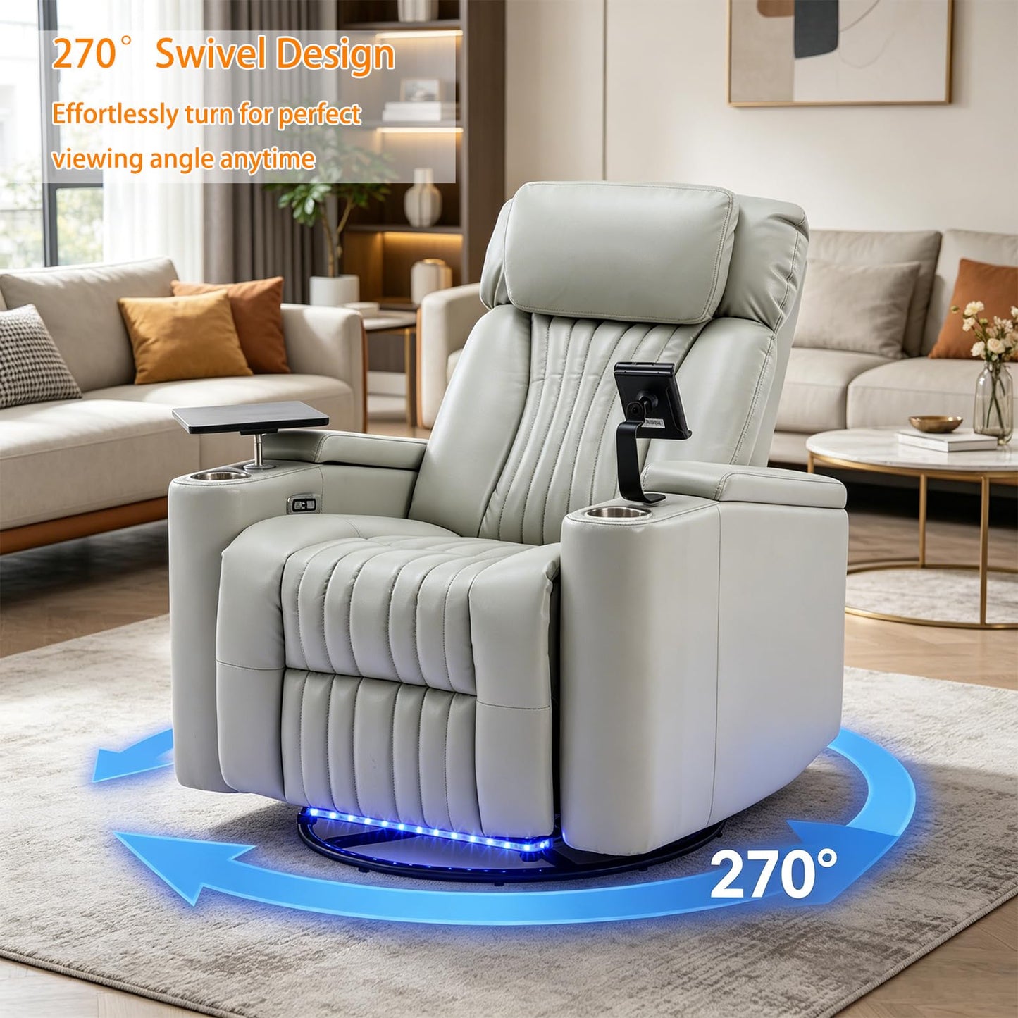 COSYTREE Home Theater Seating Power Recliner Chair, 270°Swivel PU Leather Theater Recliner with LED Ambient Lights, 360°Rotating Tray Table,USB Charging,Cup Holders & Hidden Arm Storage, Light Gray