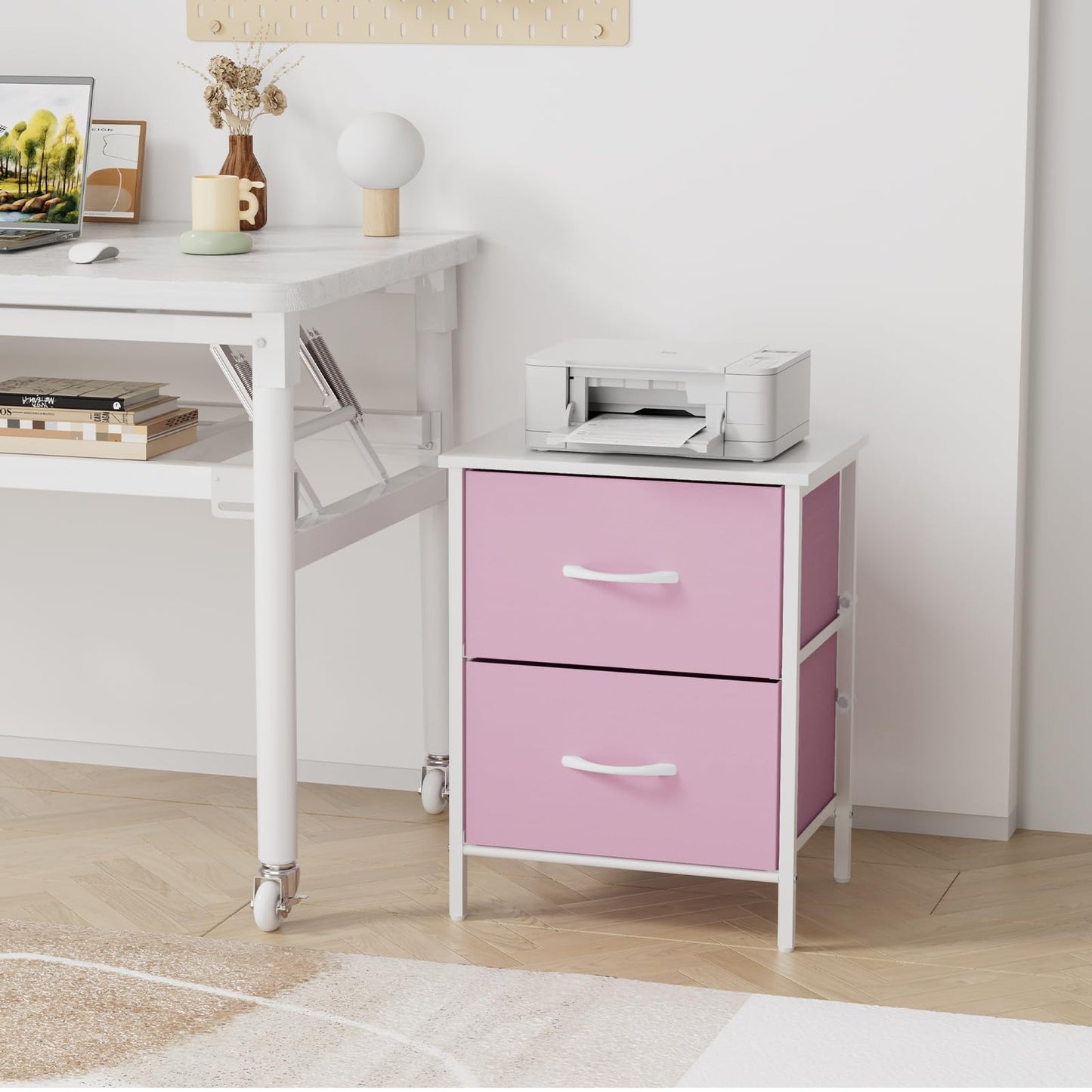 Stero Nightstand Set of 2, Kids Dresser with 2 Drawers, Steel Frame Bedside Furniture, Wood Top Fabric Night Stand, Colorful End Table for Home, Bedroom, Office, Pink