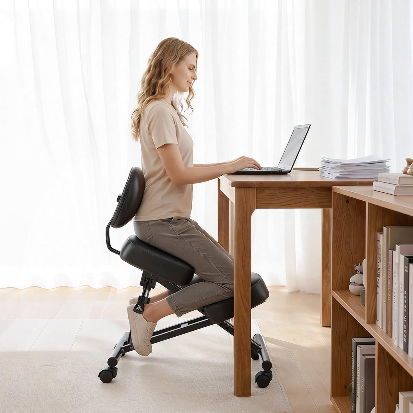 VEVOR Ergonomic Kneeling Chair with Backrest & Wheels, Mobile X-Shaped Posture Knee Chair with Adjustable Height & Thick Foam Cushions, Relief for Neck or Back Pain for Home, Office, Meditation, Black