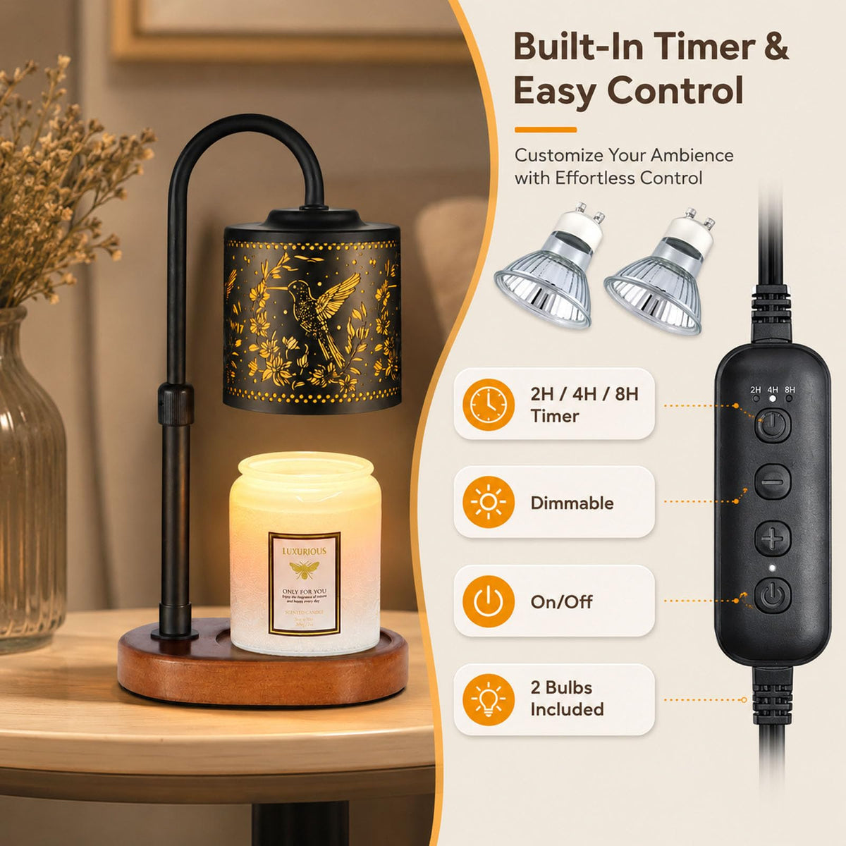 copinpin Dimmable Candle Warmer Lamp with Timer Adjustable Height for Scented Jar Candles Electric Candle Wax Melt Warmer for Home Decor Christmas Birthday Gifts for Women Mom(Hummingbird)