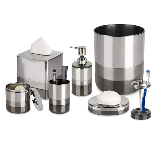 nu steel Triune Bath Accessory Set Vanity Countertop, 7 Piece Luxury Ensemble - Cotton Swab, soap Dish, Toothbrush Holder, Tumbler, soap Pump, Waste Basket, Tissue Box - Shiny, Brushed & Black Nickel