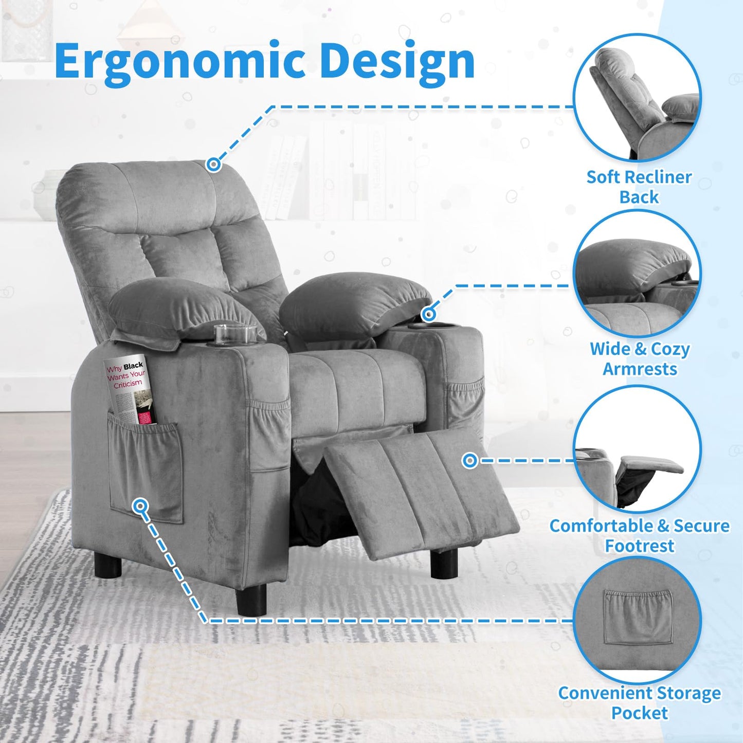 Kids Recliner, Toddlers Kids Recliner Chair with Cup Holder, Ergonomic Adjustable Velvet Lounge Chair with Footrest & Side Pockets, Toddlers Baby Sofa for Boys Girls Bedroom (Gray)