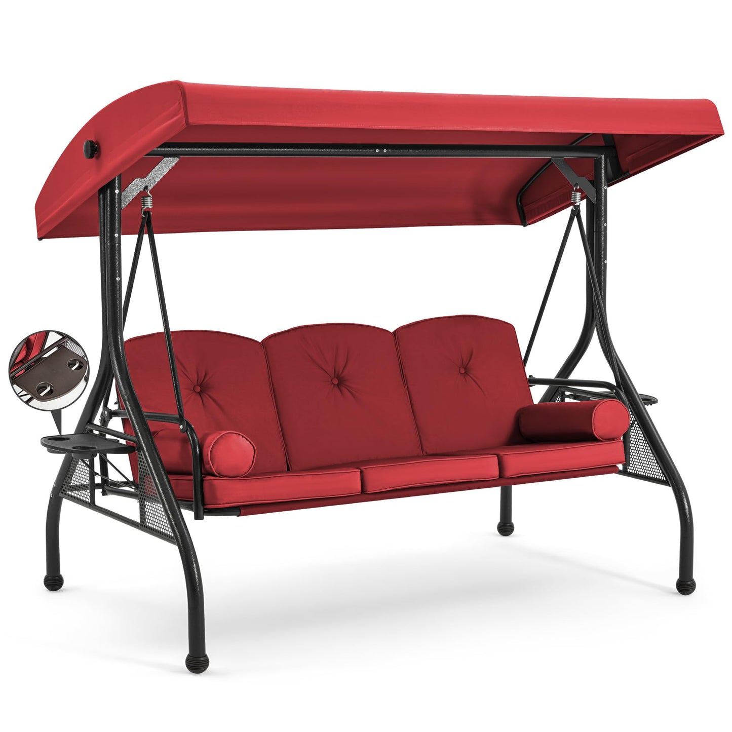 HOMREST 3 Seat Outdoor Porch Swing with Adjustable Canopy, Convertible Patio Swing Bed with Stand, Patio Glider Swing with Upgraded Cup Holder, Thicken Cushions ＆ Pillow for Backyard(Wine Red)