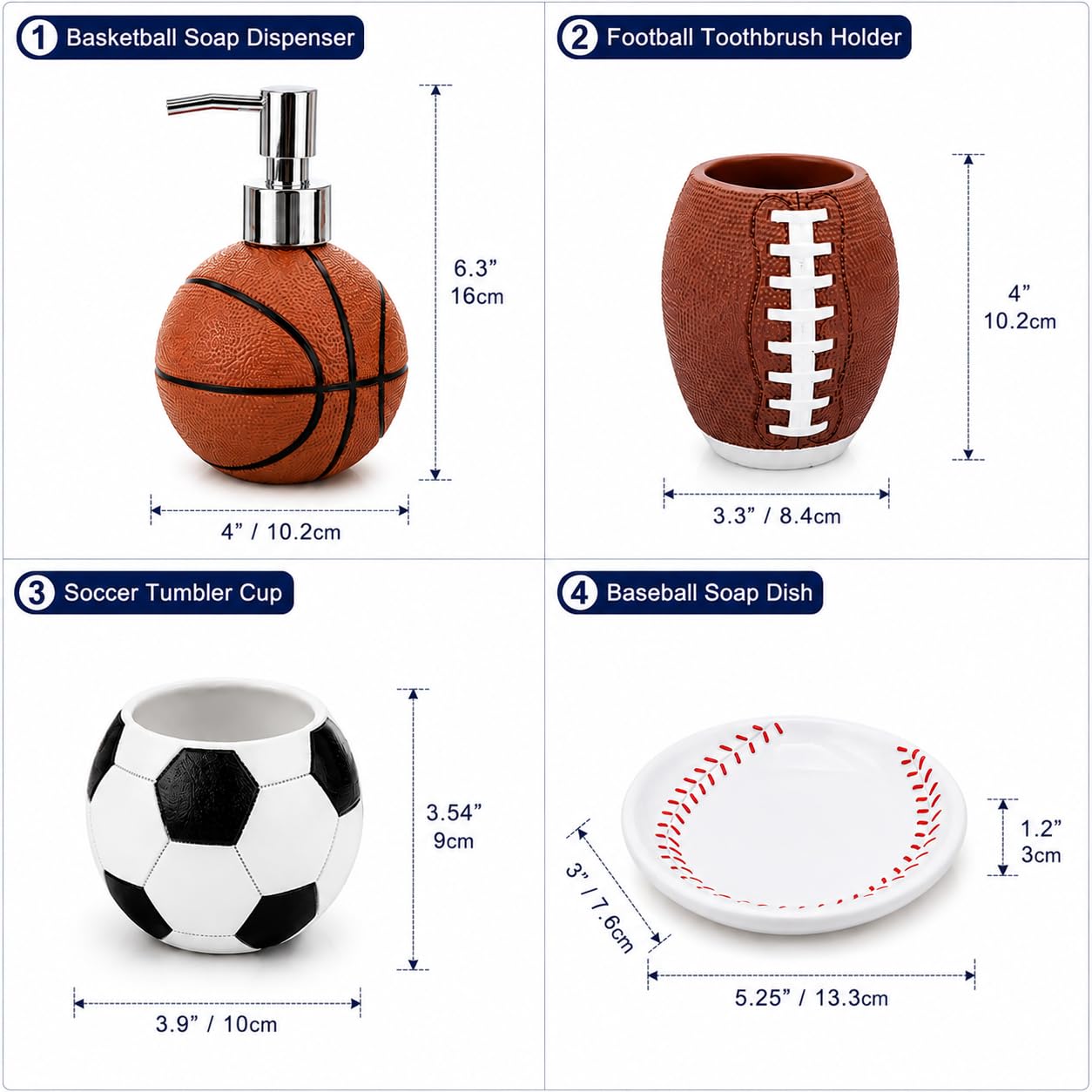 YangShiMoeed 4-Piece Sports Bathroom Accessories Set Complete with Basketball Lotion/Soap Dispenser,Soccer Bath Cup/Tumbler,Base Ball Soap Dish,Football Toothbrush Holder