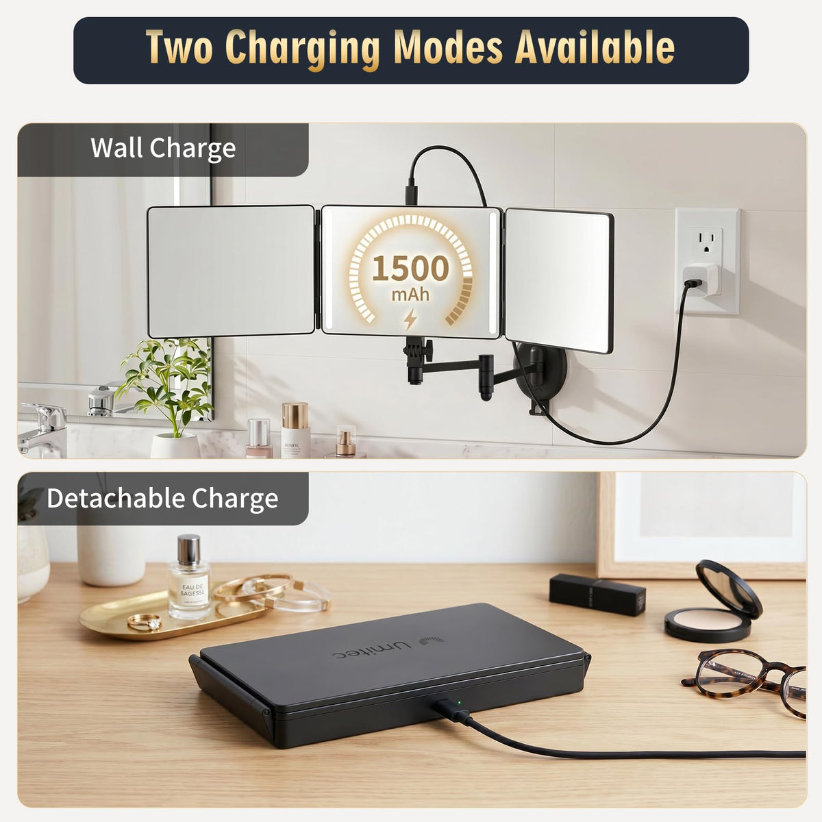 Wall Mounted LED 3 Way Haircut Mirror with Swing Arm, 360° Self Cut View