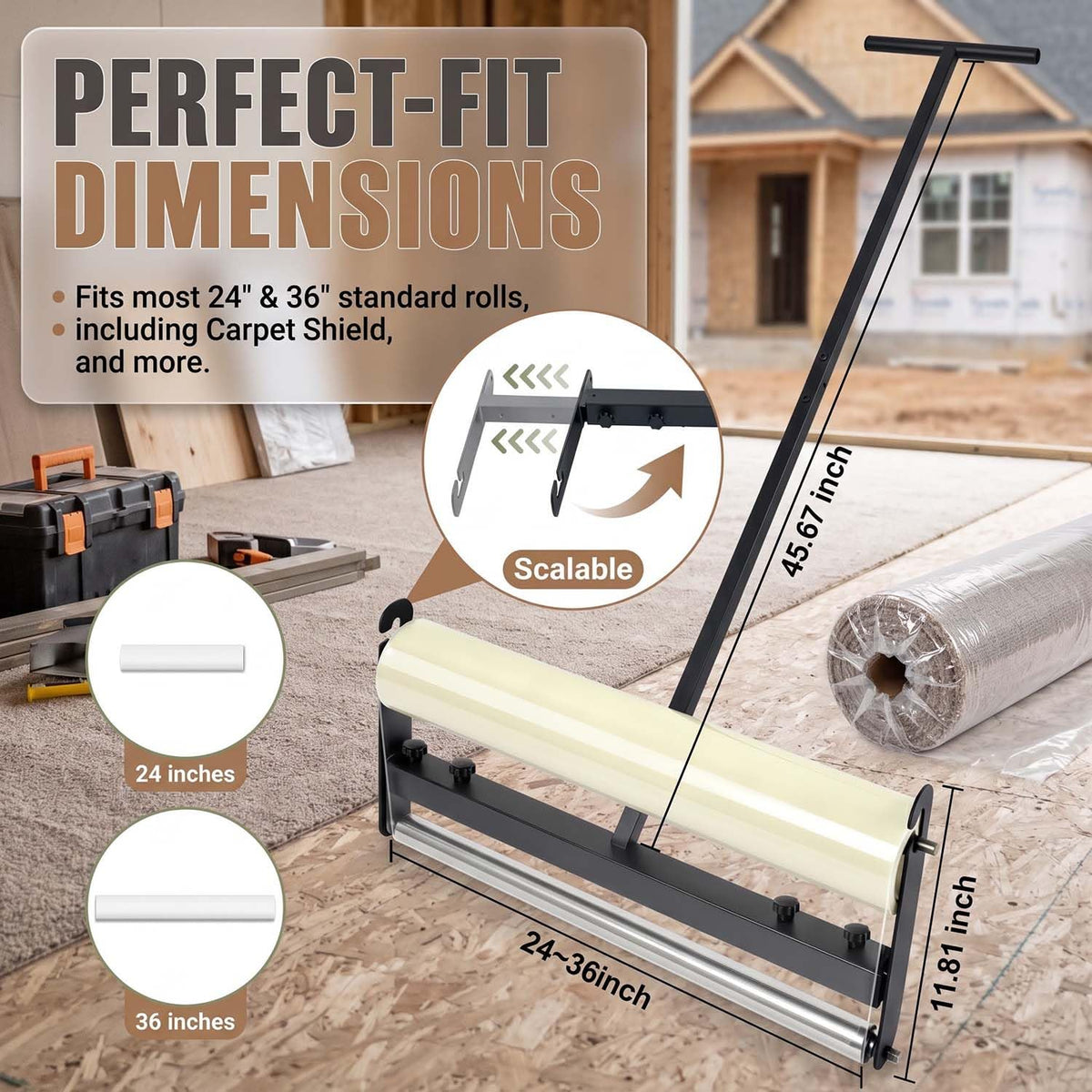 Carpet Protection Film Applicator, Dual Rollers, Quick Change, ADJ 24"&36"W