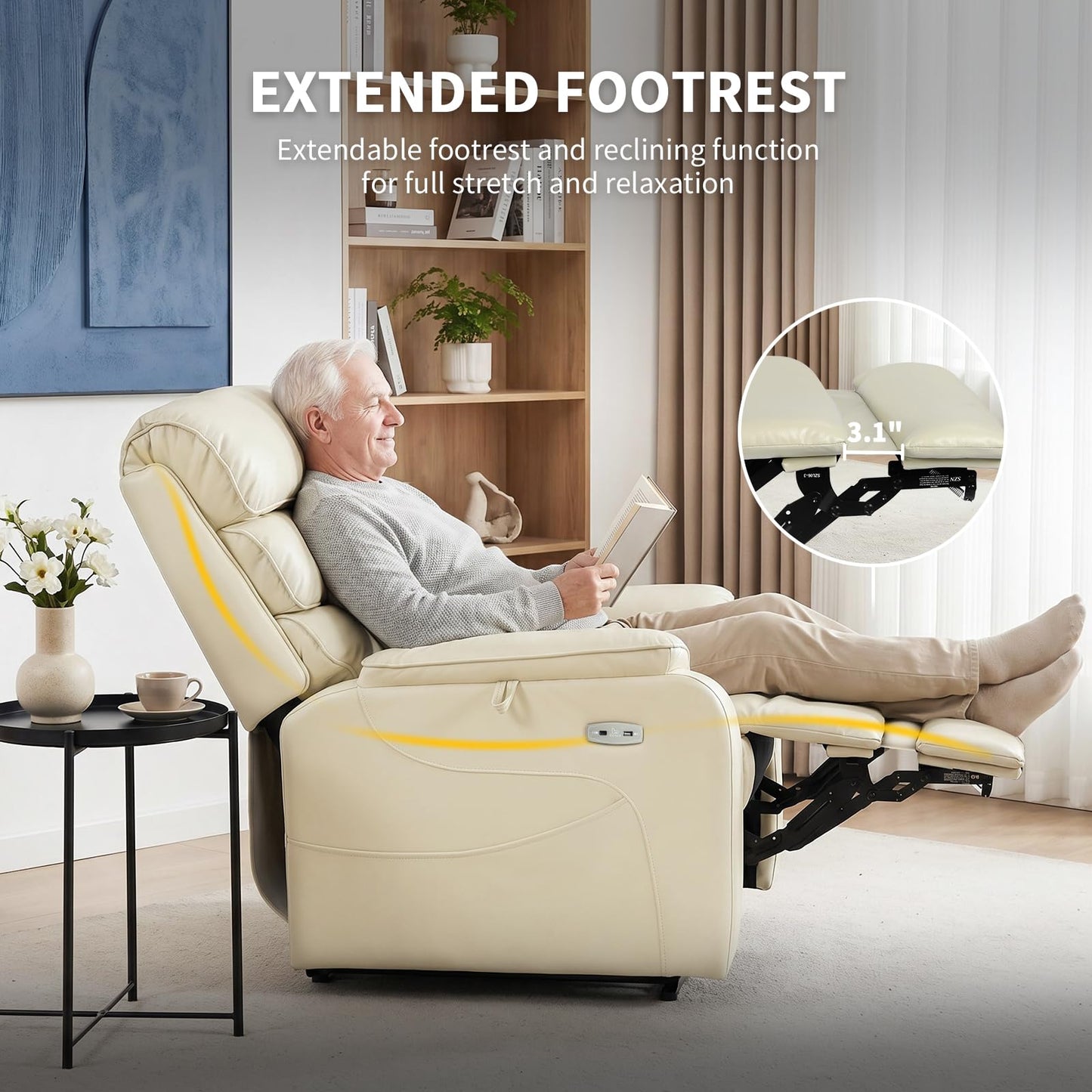 EONIX Dual Motor Lay Flat Power Lift Recliner Chair for Elderly, Breathable Leather Electric Lift Chairs for Adults, 400lbs Heavy Duty Power Recliner with Heat and Massage, SLRY003061, Cream White