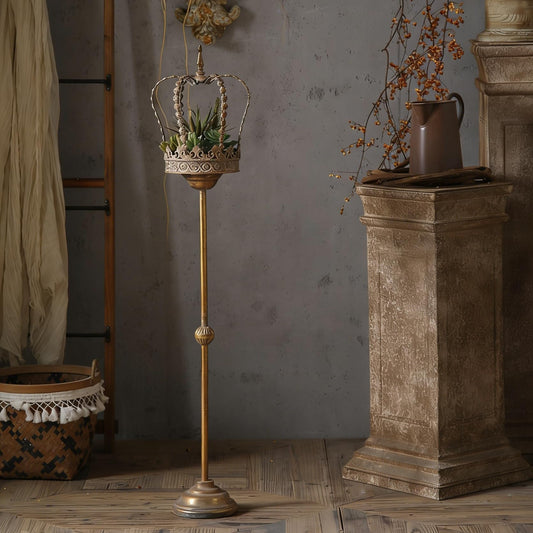Vintage Crown Top Floor Candelabra - Antique Gold Metal Candle Holders, 32.7" Tall Rustic Industrial Taper Stand for Farmhouse, Wedding, Mantel Decor