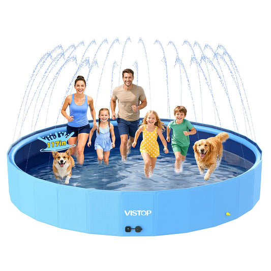 VISTOP 117" Extra Large Dog Pool with Sprinkler, Heavy Duty Foldable Hard Plastic Kiddie Pool, Non-Slip Collapsible Swimming Pool for Dogs, Kids & Pets, Portable Outdoor Backyard Water Play Tub