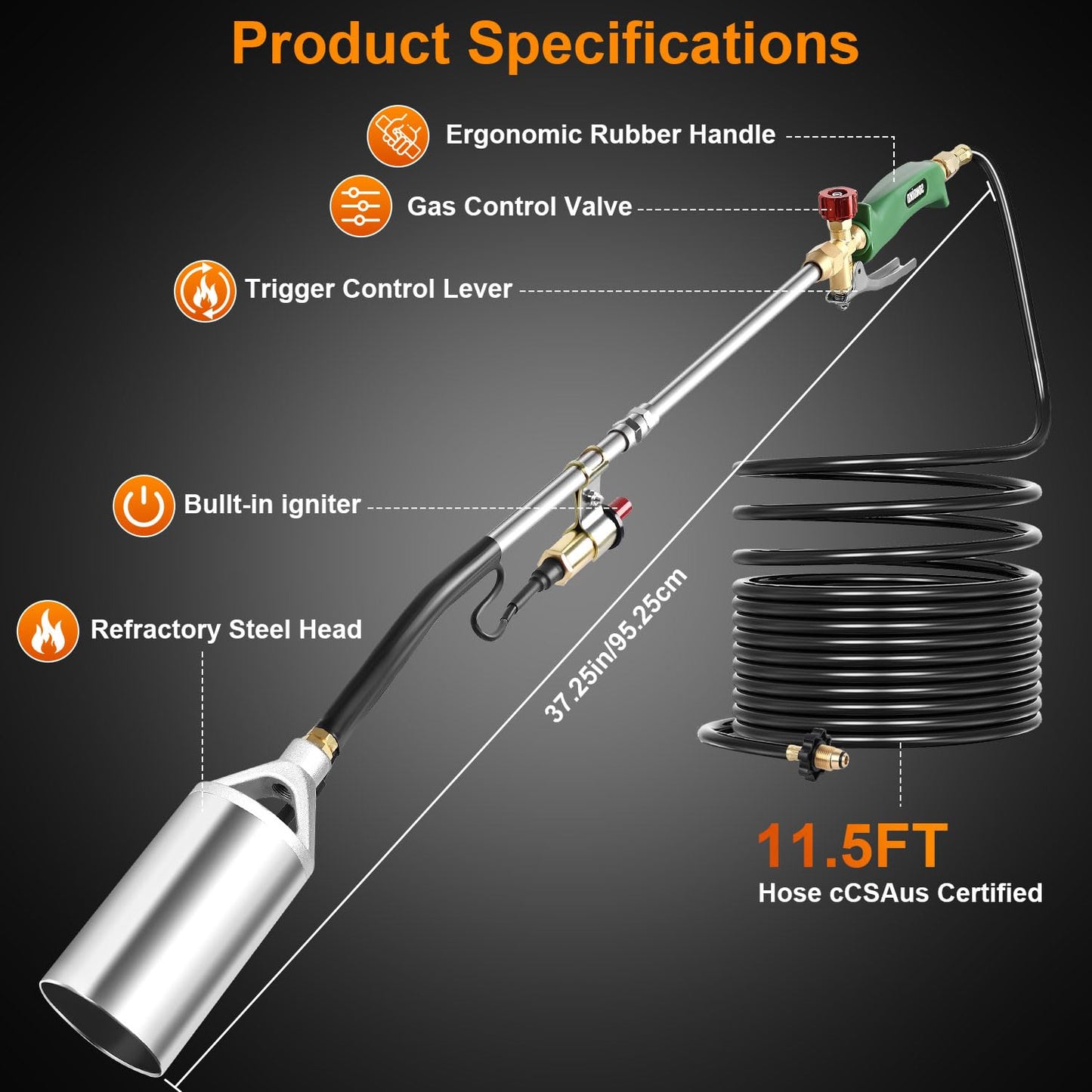 Sondiko Propane Torch Weed Burner,Heavy Duty Blow Torch, High Output Weed Torch with 11.5FT Hose, Weed Torches for Outside(Propane Tank Not Included)