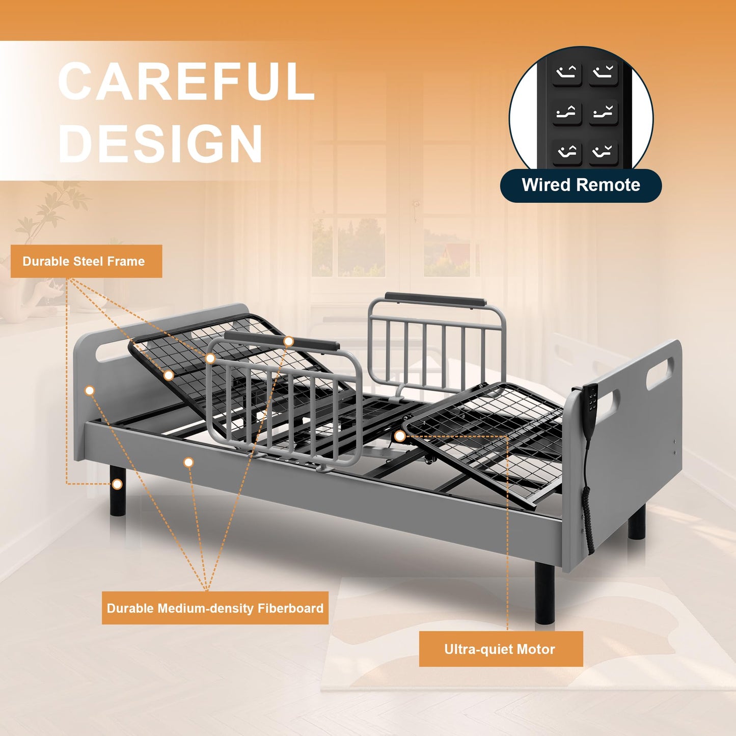 Skipity Sigmo Electric Adjustable Bed Base Frame Twin with Wired Remote Control for Head, Leg & Foot Incline, Hospital Bed for Home Use with Memory Foam Folding Mattress & Safety Side Rails