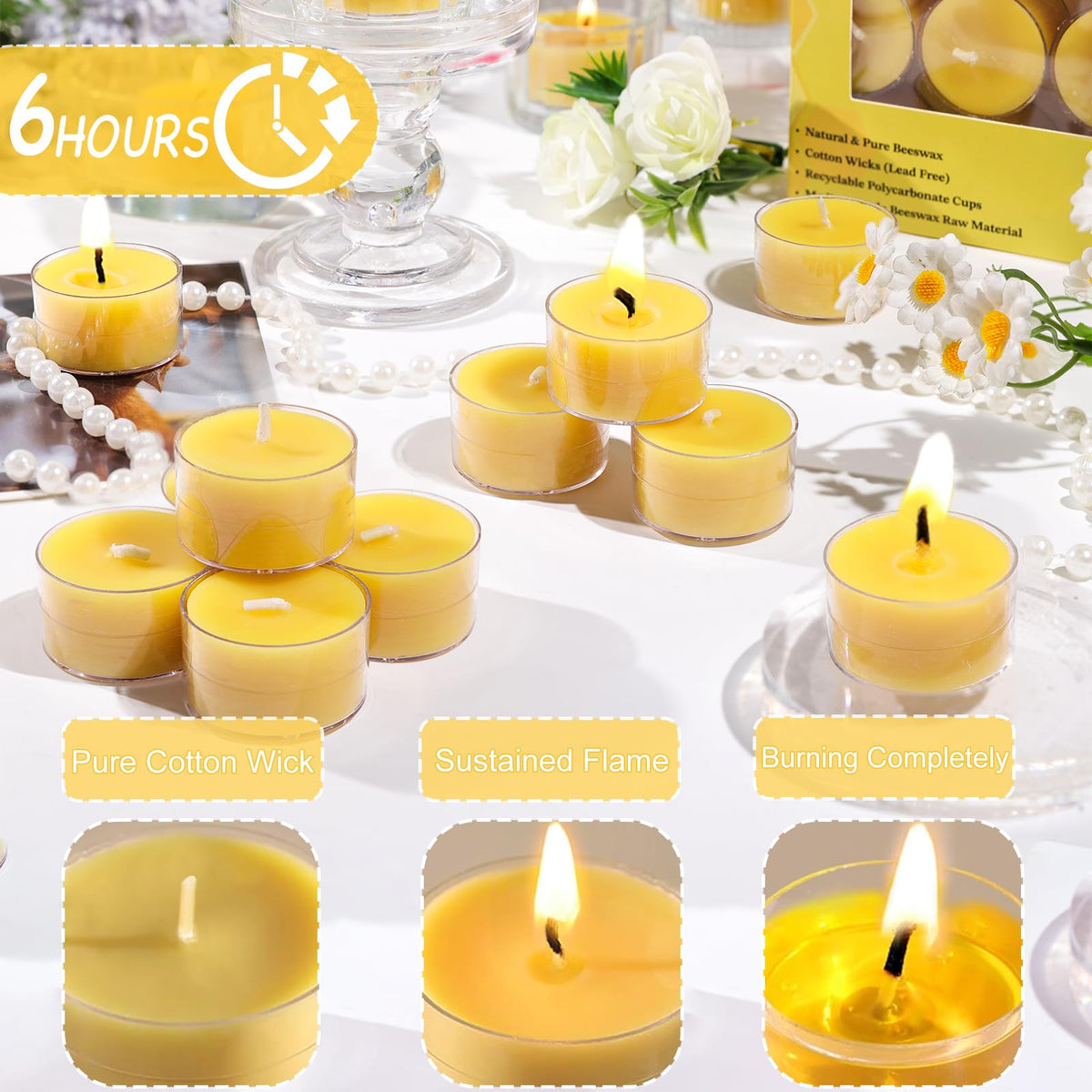 Pure Beeswax Tealight Candles,6-Hour Burn Tea Candles,36 Pack