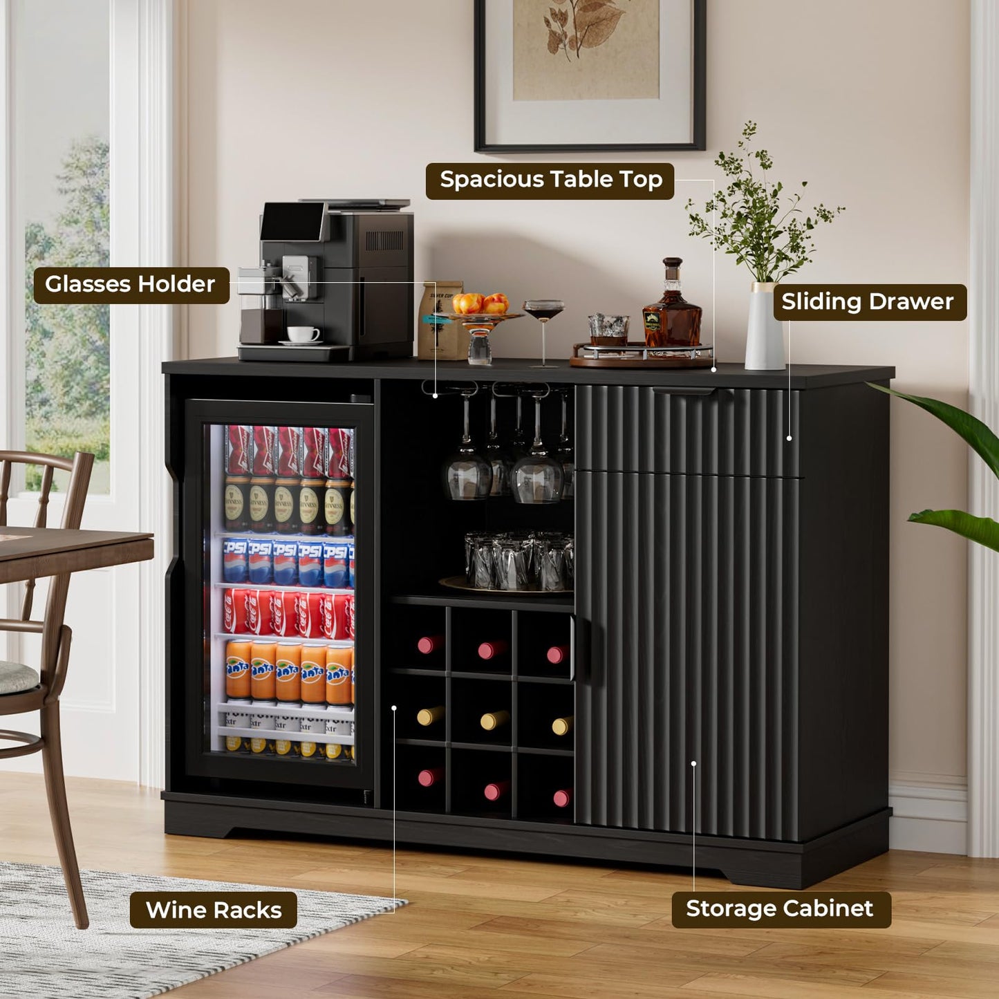 Aauro Home Coffee Bar Cabinet with Fridge (Fridge Included), Fluted Wine Bar Cabinet with Wine Rack and Glass Holder, Buffet Sideboard Table Liquor Cabinet with Drawer & Storage, Home Bar, Black