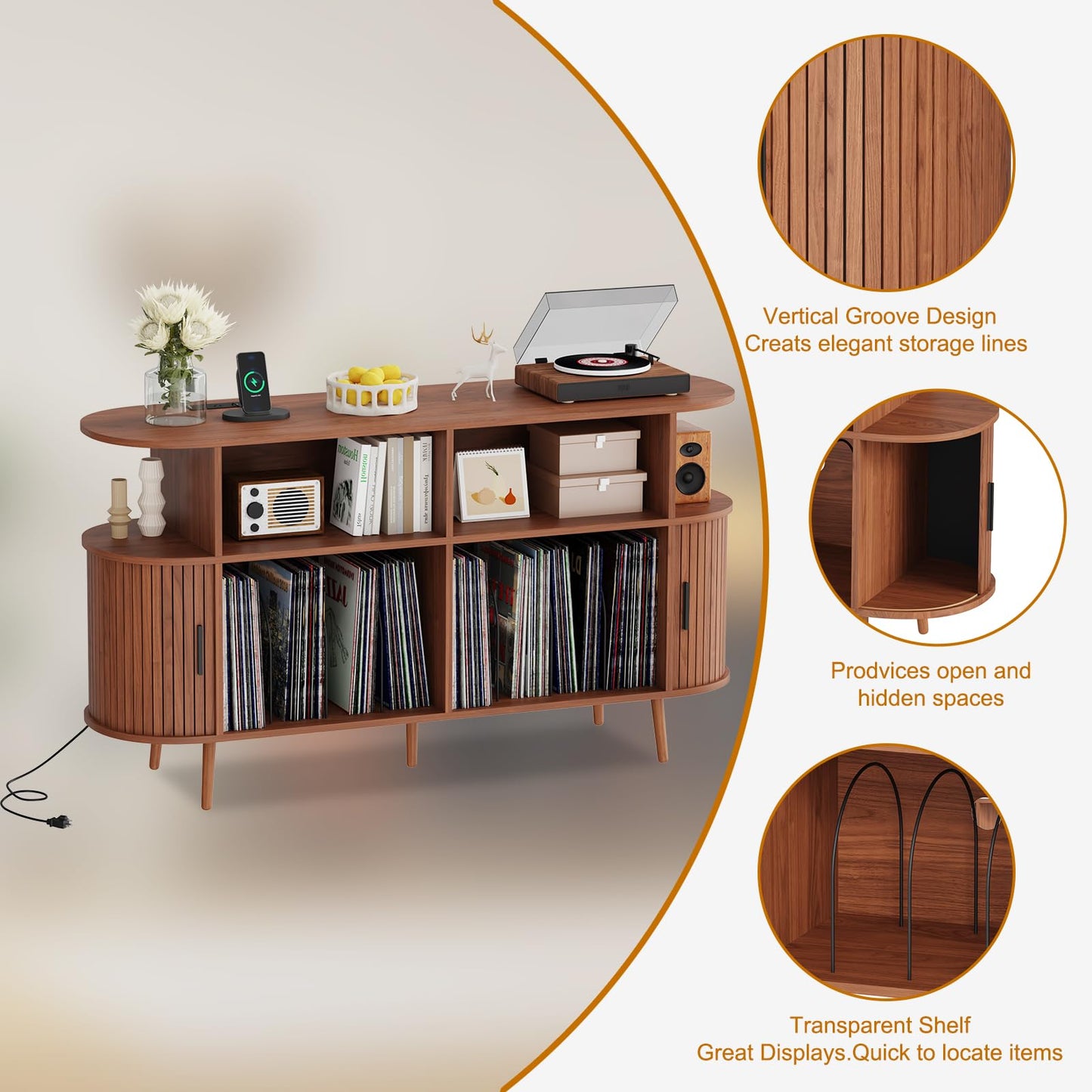 LMSXG-MZ 55.1" Large Record Player Tv Stand with Charging Station & Music-Activated Lights, Mid-Century Modern Vinyl Storage Cabinet W Curved Sliding Doors, Fluted Turntable Stand (Walnut, 55.1")