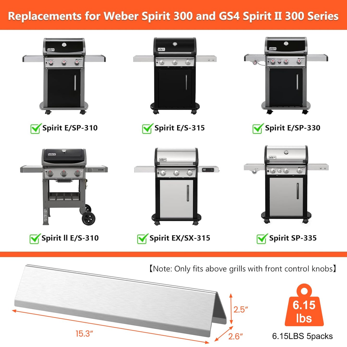 QuliMetal 15.3" Flavorizer Bars for Weber Spirit 300 and GS4 Spirit II 300 Series, Spirit E/S310 E/S315 E/S320 E/S330 Grills with Front Control Knobs, Grill Parts for Weber 7636, Stainless Steel
