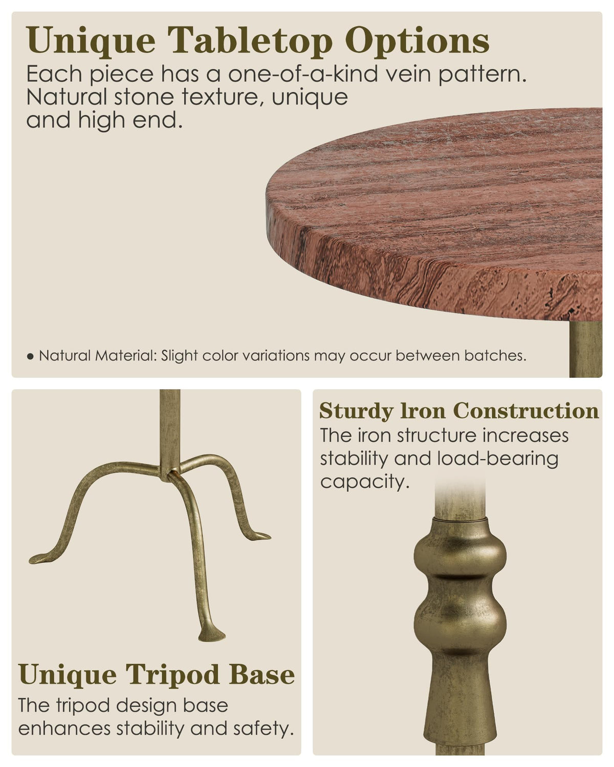 Adjustable Height Round Pedestal Table - 10x10x22-30 Inch, Red Travertine