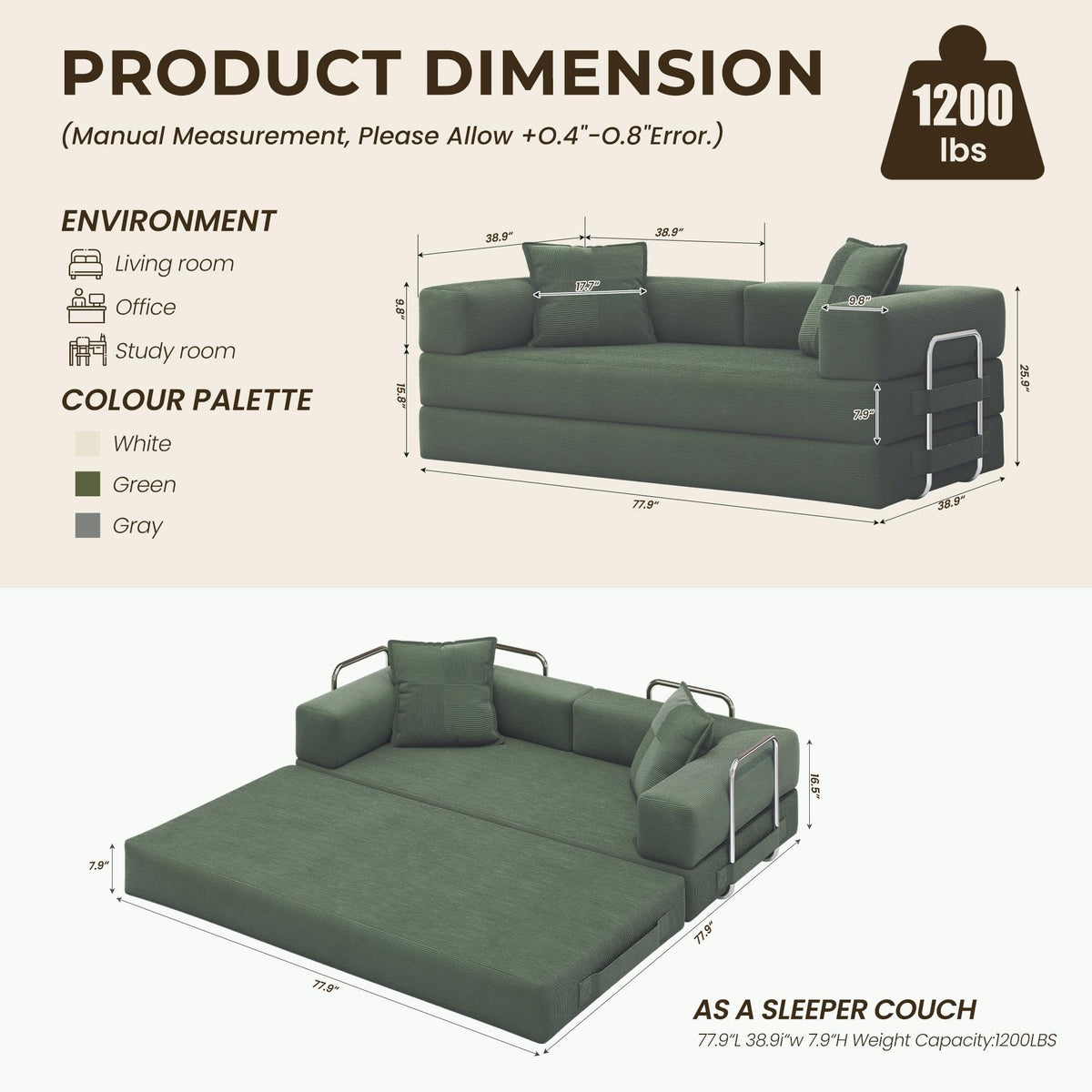 78" 5-in-1 Convertible Futon Sofa Bed, Boneless Corduroy, Green