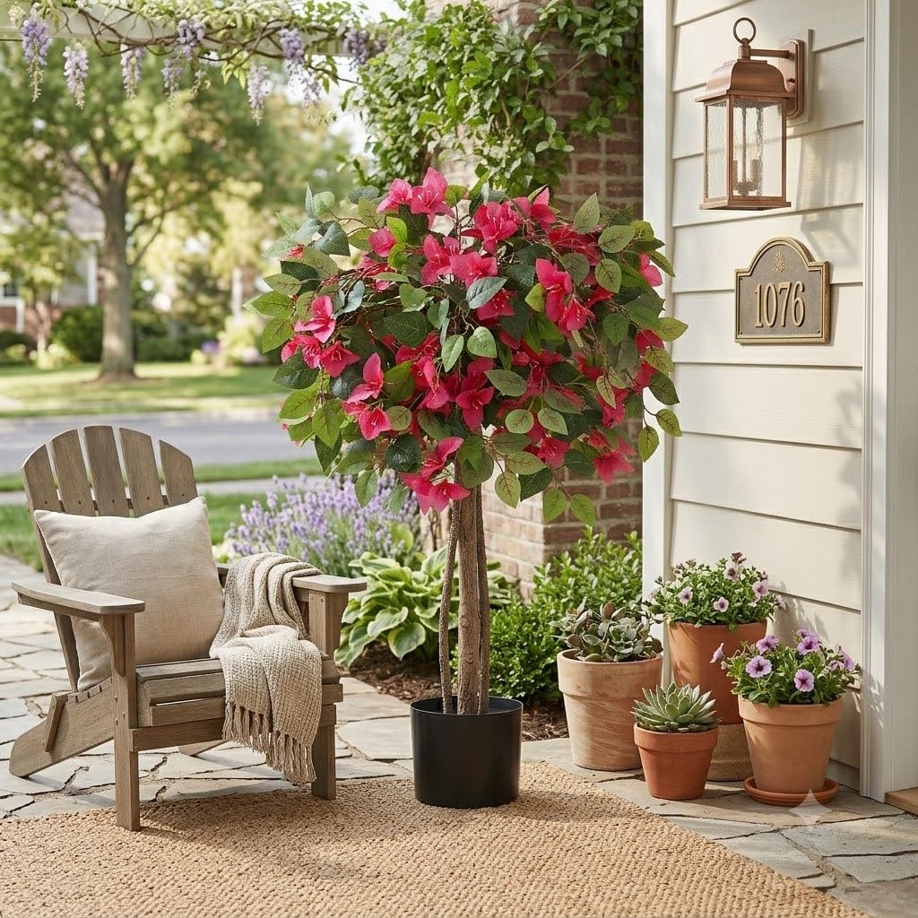3FT Artificial Bougainvillea Tree Fake Silk Topiary Tree with Life-Like Trunk and Vibrant Pink Flowers, Faux Potted Plant for Home Office Indoor Outdoor Porch Patio Decor, Black Pot